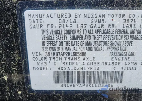 2019 Nissan Sentra Sv z USA, uszkodzony, nr VIN 3N1AB7AP2KL605486